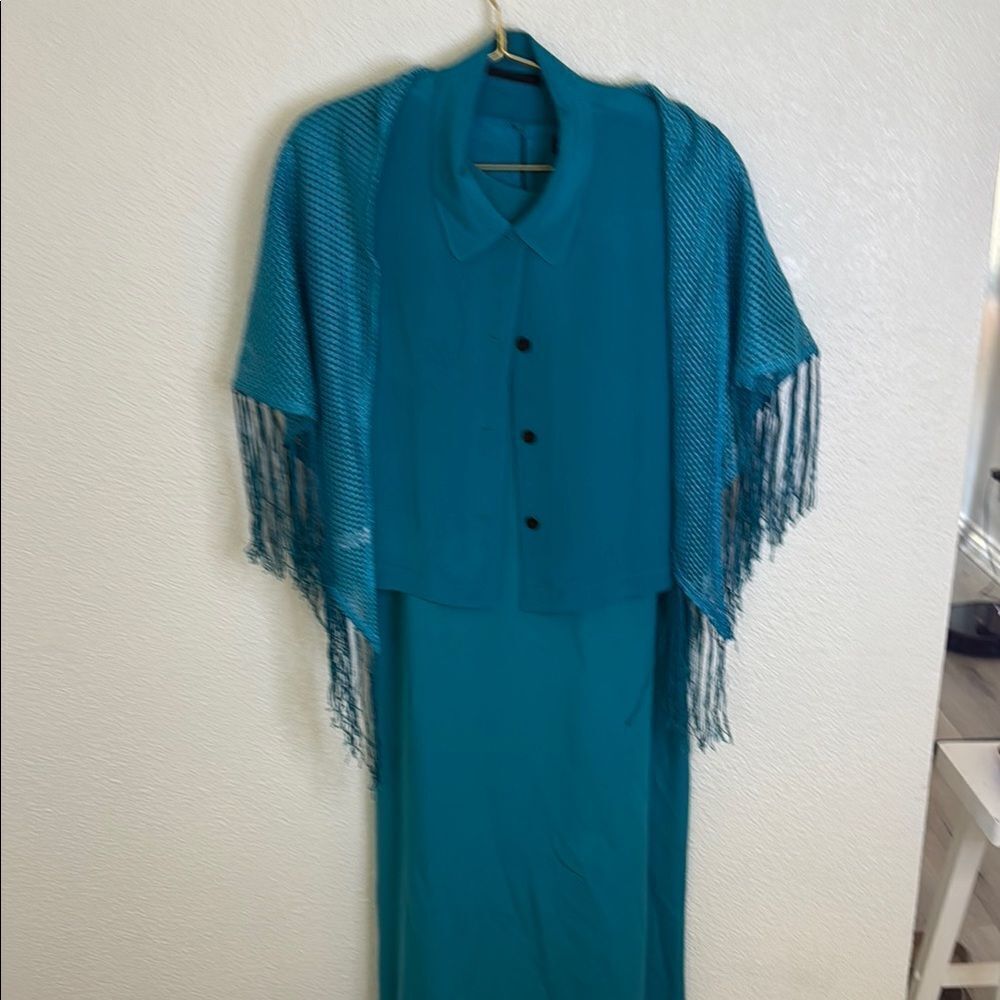 Valerie Dresses- pure silk Teal Dress with Fringe Shawl- Size 8